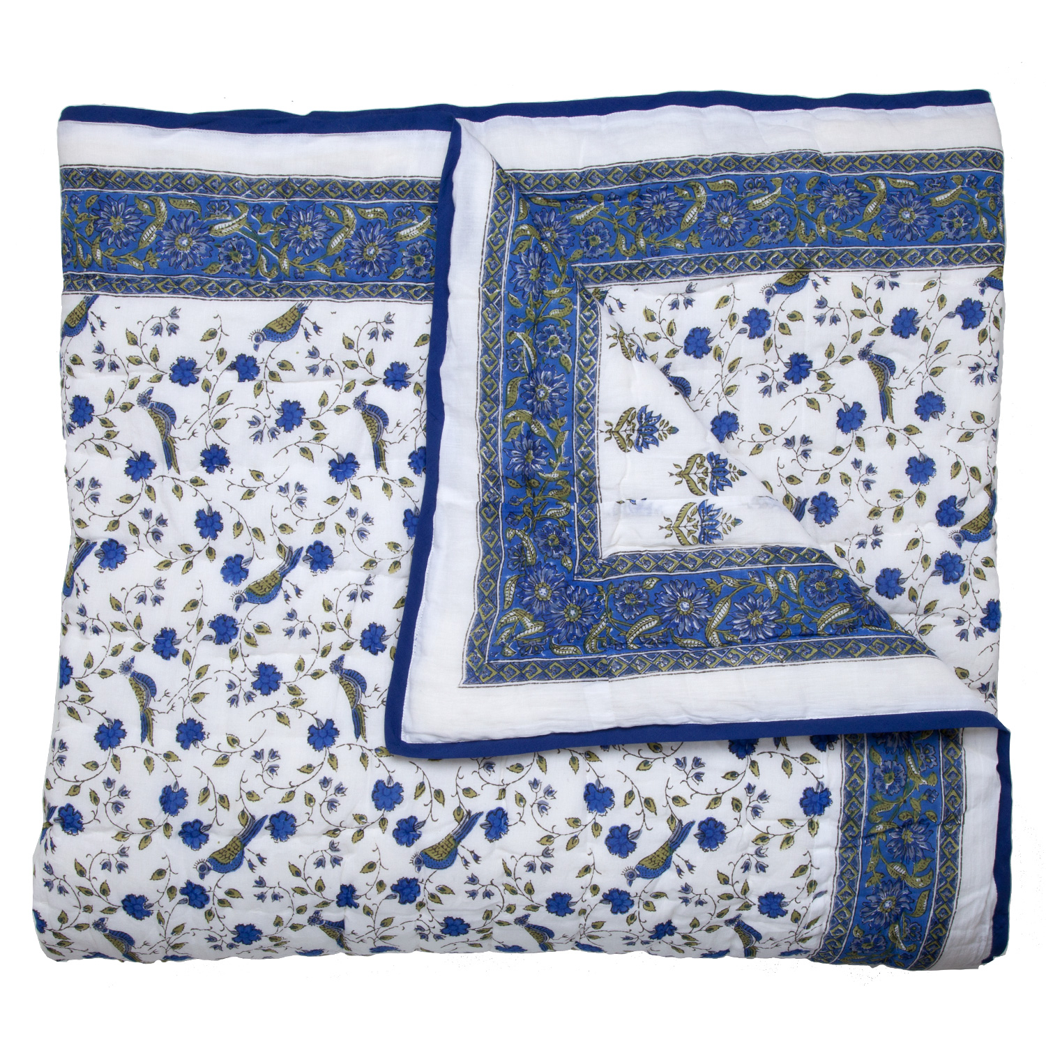 Birds on Vine-Blossom Reversible Quilt - Blue